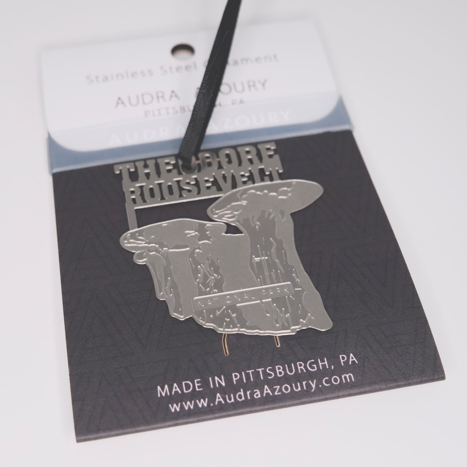 Theordore Roosevelt National Park ornament in stainless steel by Audra Azoury