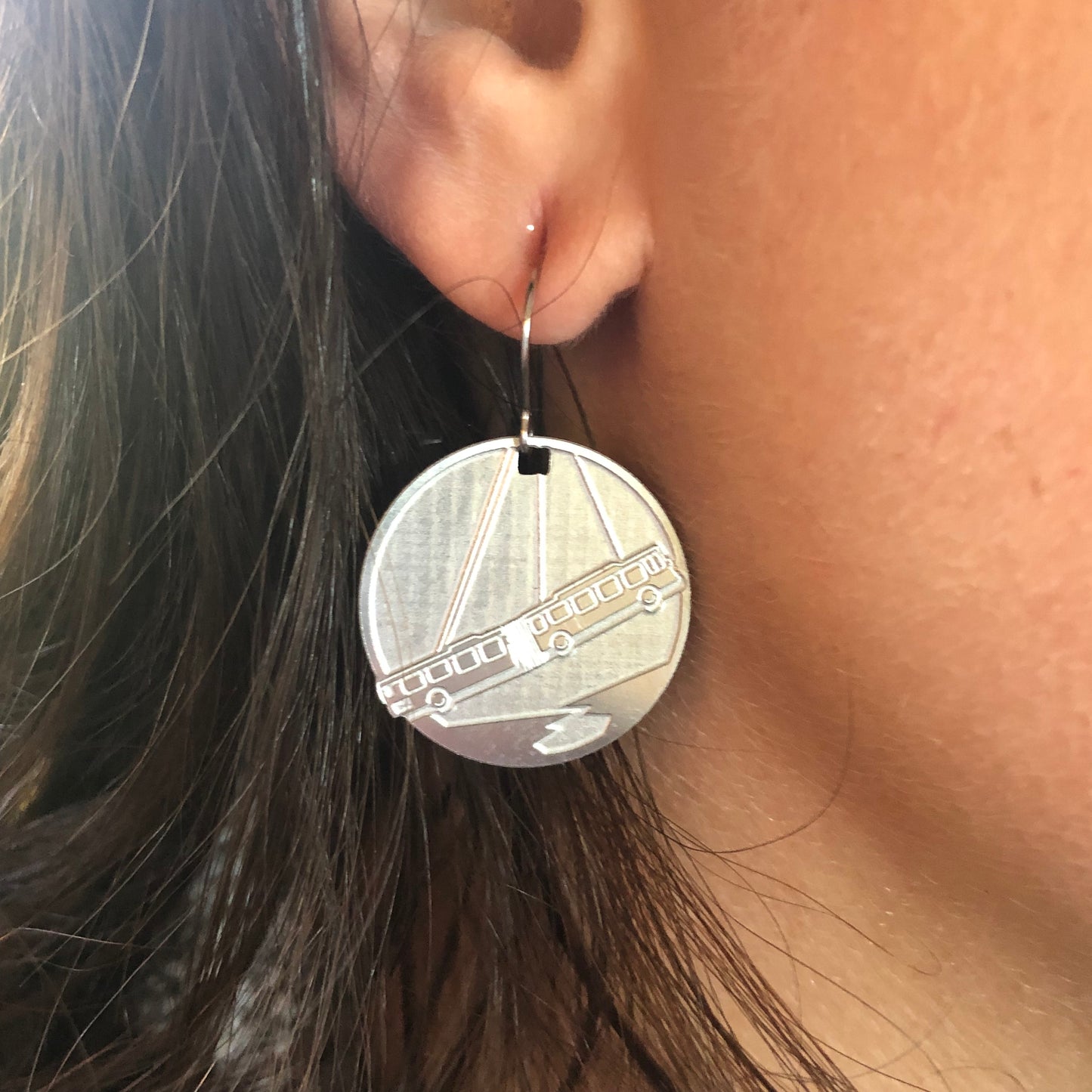 Fern Hollow Bridge Bus 1" round earrings