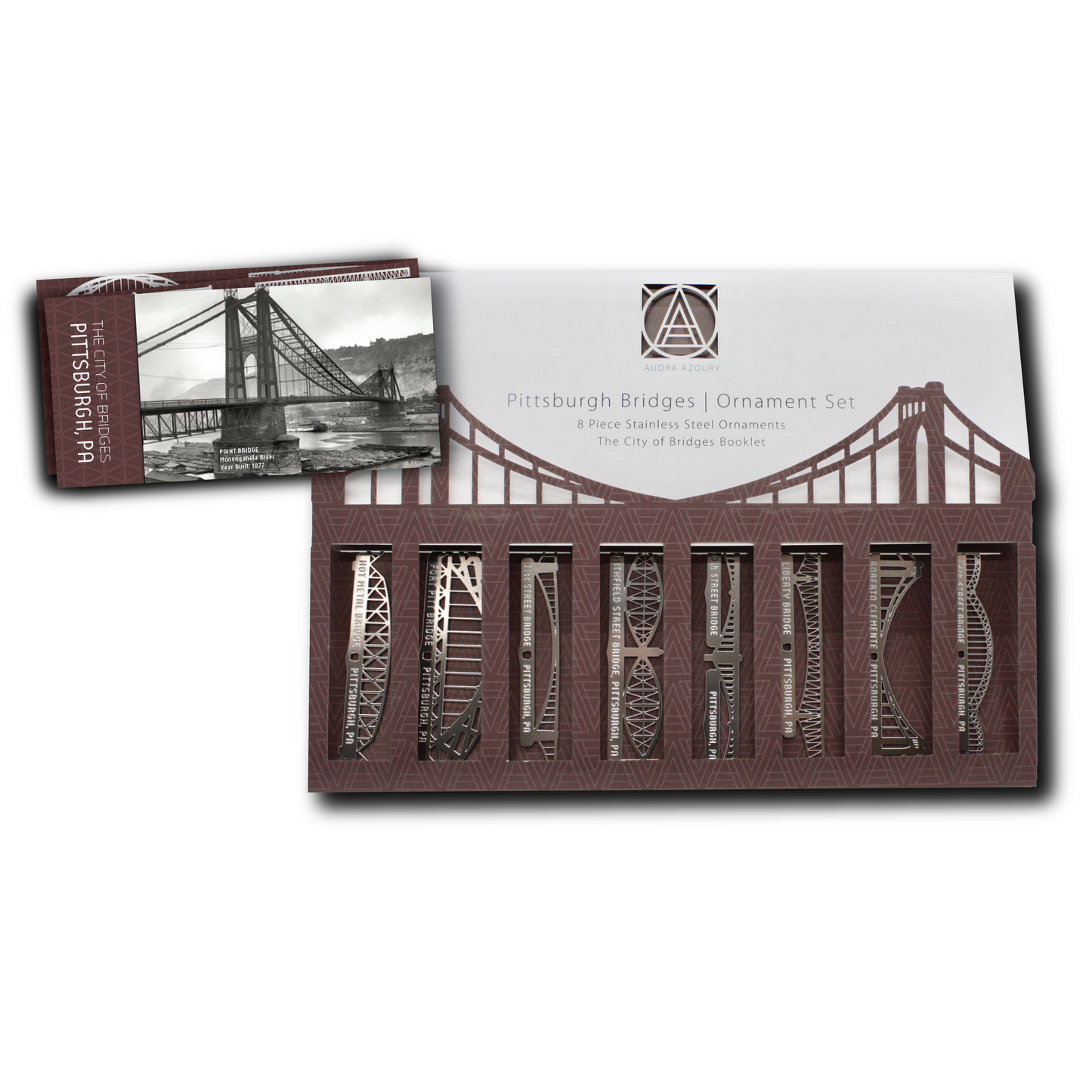 Pittsburgh Bridge Ornaments | 8 Piece Gift Set & Booklet