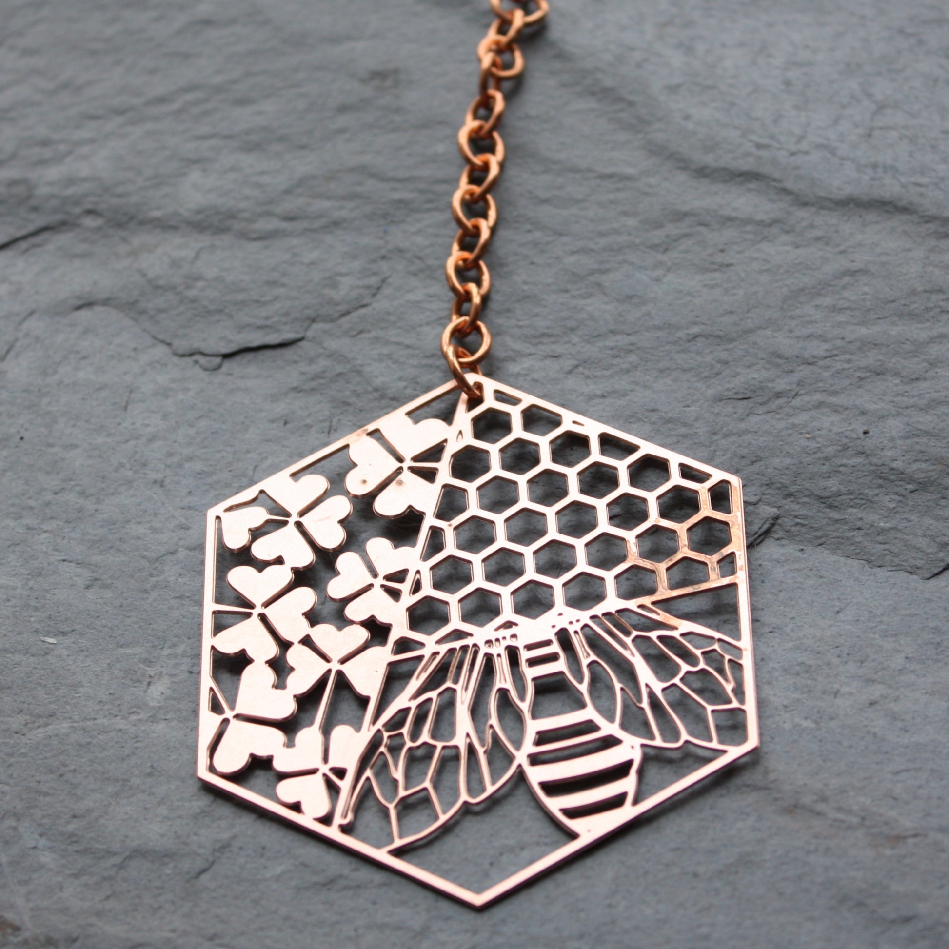 copper sun catcher bee, clover & honeycomb design by audra azoury